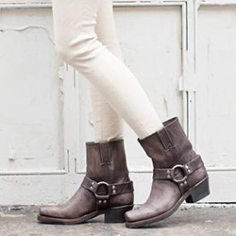 Frye Harness 8R Harness Brown Leather Distressed Vintage Cowboy Calf Ankle Boot